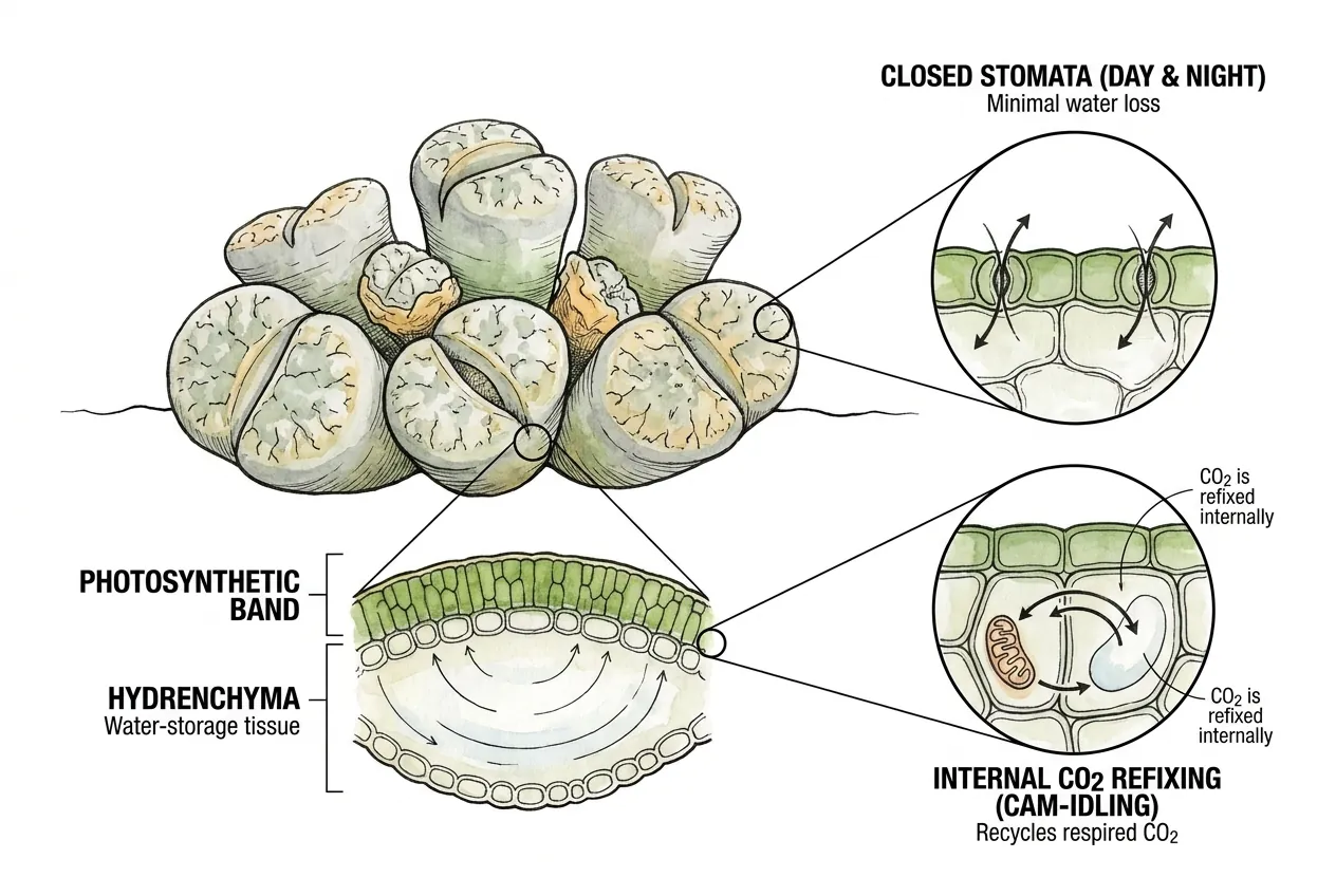 Conceptual illustration of Lithops water conservation during heat