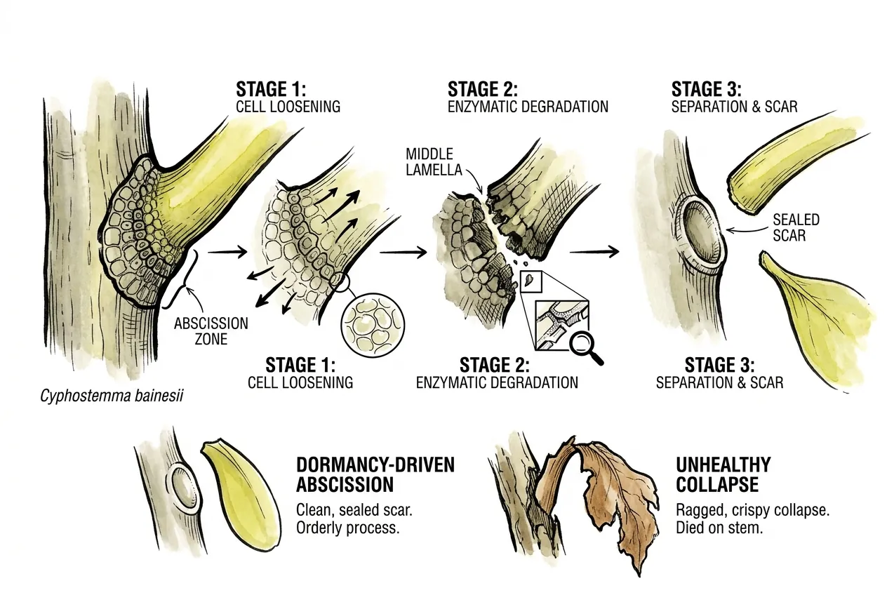 Leaf detaching at the abscission zone leaving a clean sealed scar