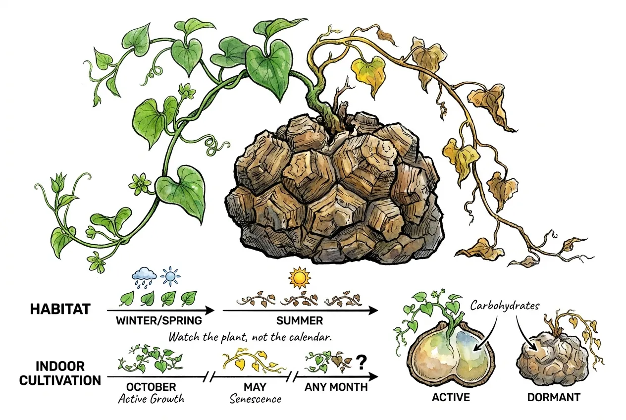 Conceptual seasonal cycle of a Dioscorea elephantipes vine and caudex