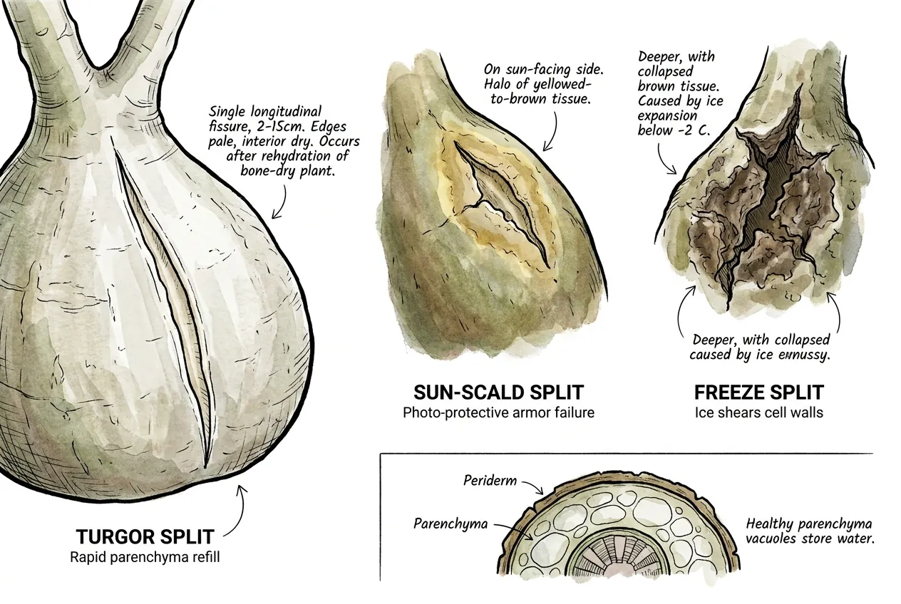 Vertical fissure between vascular bundles on a Fockea caudex surface