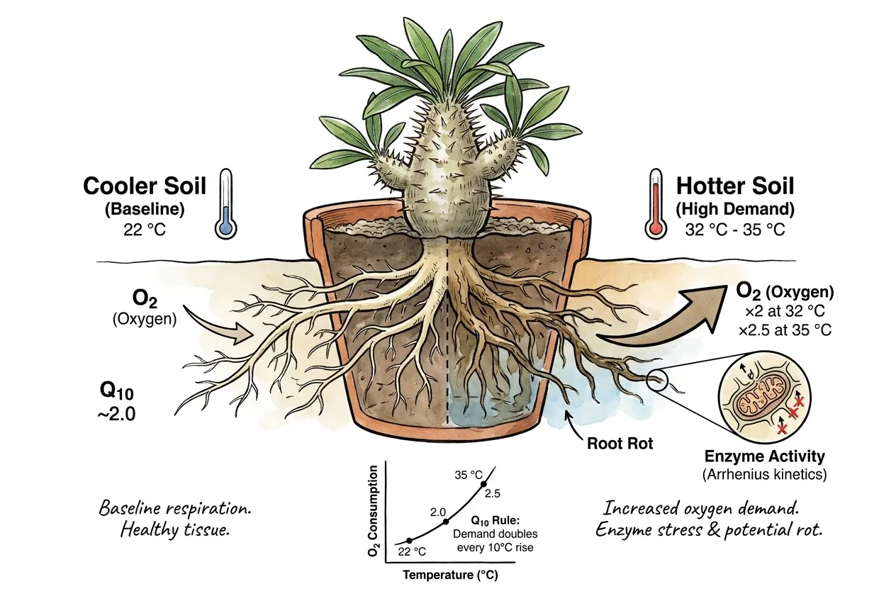 Warm roots respiring faster and demanding roughly double the oxygen per ten degrees