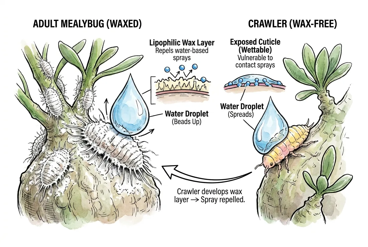 Conceptual illustration of mealybug wax and contact coverage