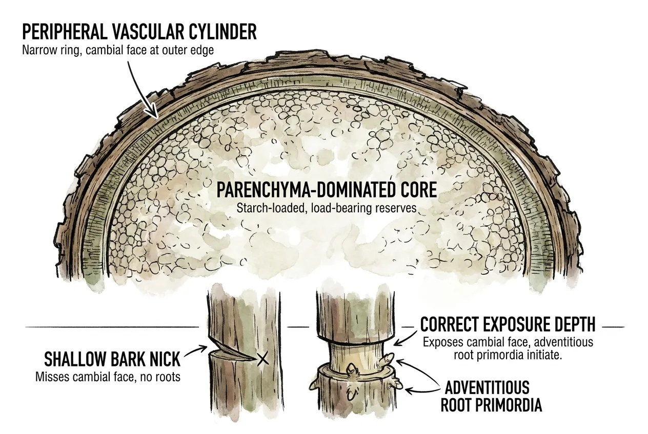 Cycad stem cross-section showing parenchyma core and peripheral vascular cylinder