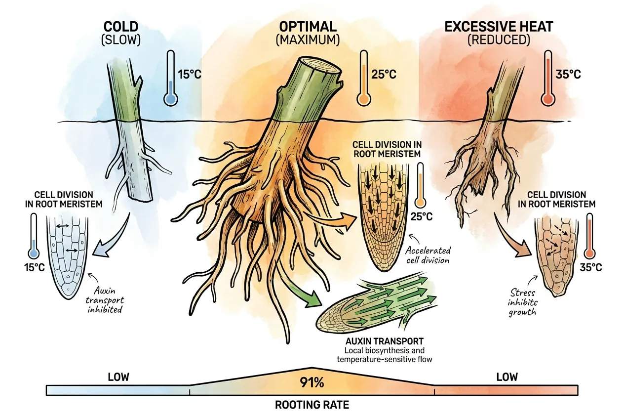 Rooting success rising to a peak near 25 to 30 °C then falling off as soil temperature climbs higher