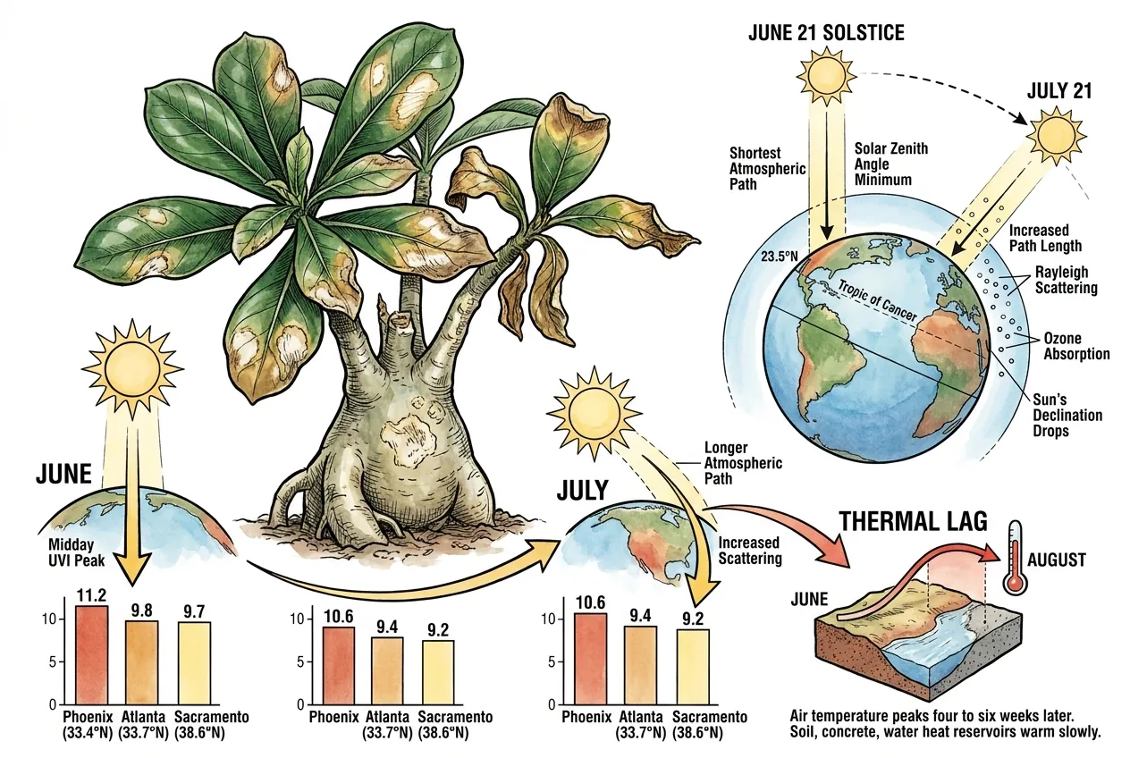 US map showing peak monthly UV Index across June at major Sun Belt cities
