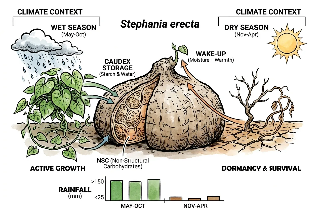 Cross-section of hemispherical Stephania caudex showing starch storage parenchyma