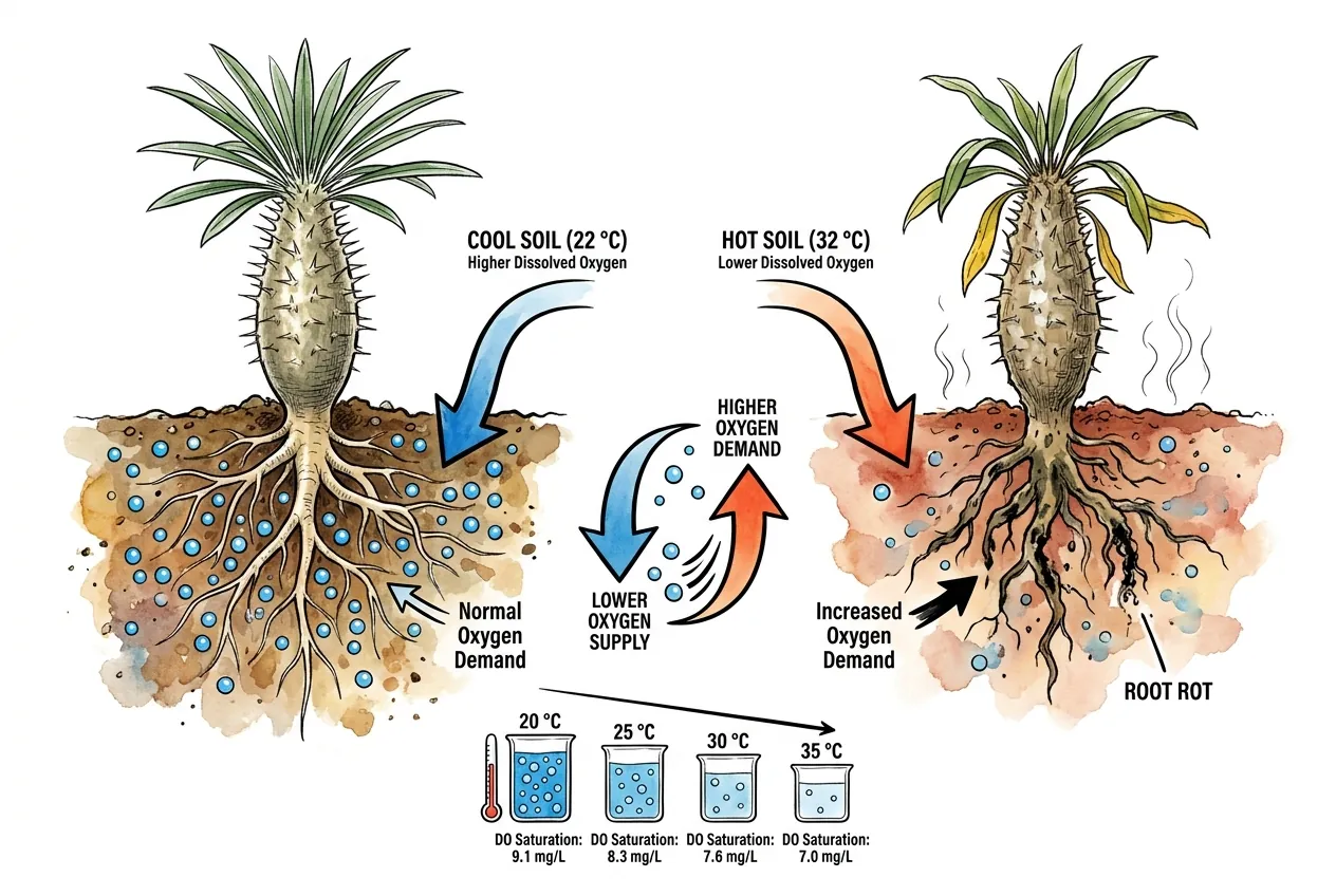 Warmer soil water holding less dissolved oxygen than cooler water