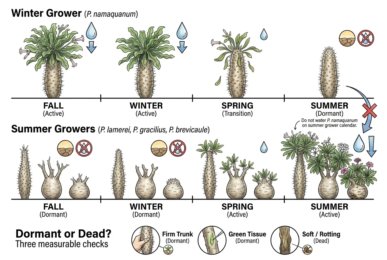 Calendar comparing namaquanum winter growth to summer-growing Pachypodiums