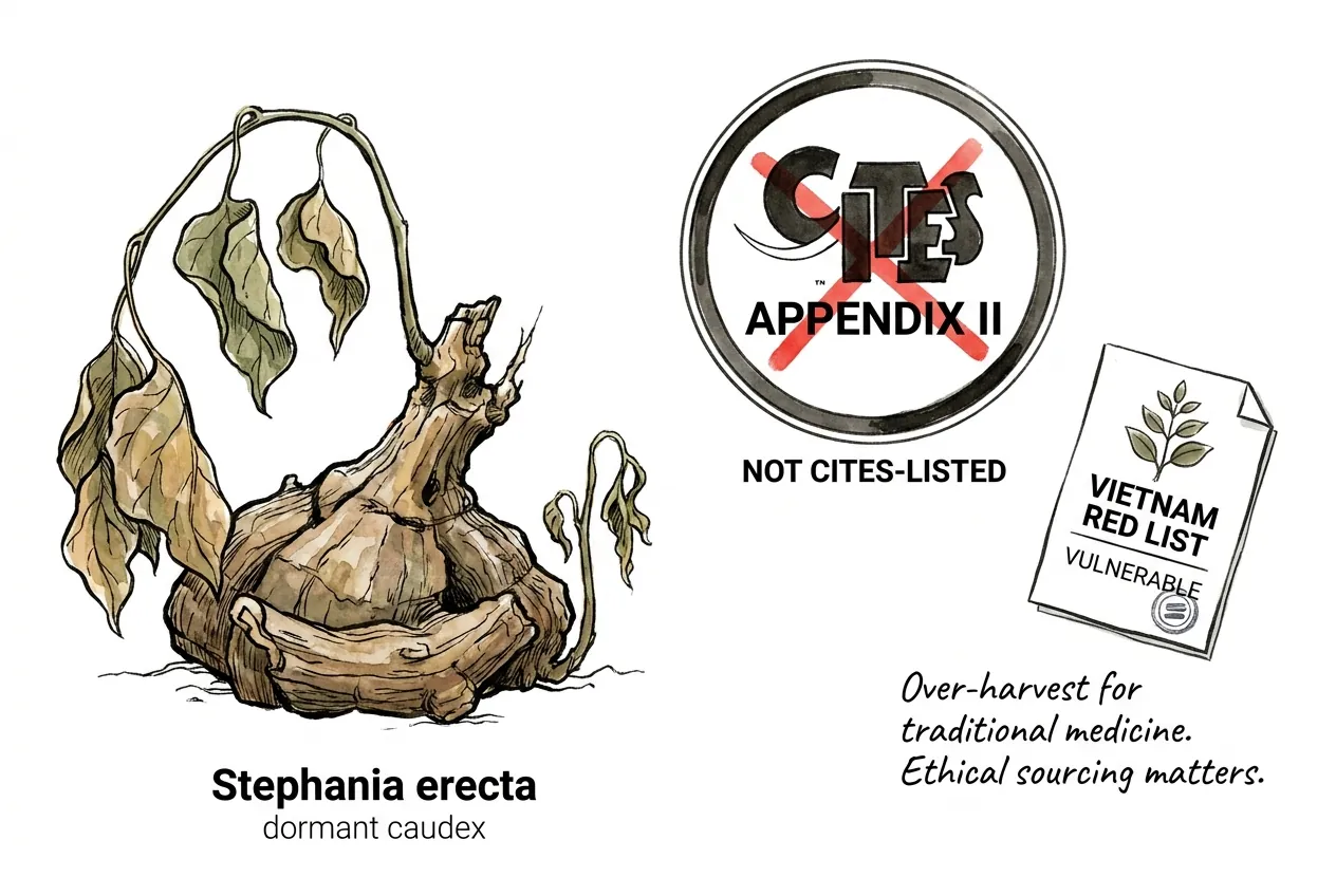 Stephania erecta tuber with conservation status icons and Thai field origin