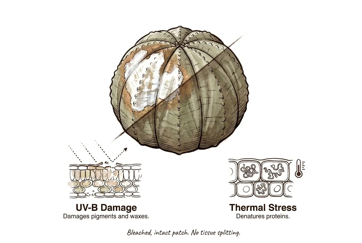 Bleached bronze patch on sun-facing side of baseball plant