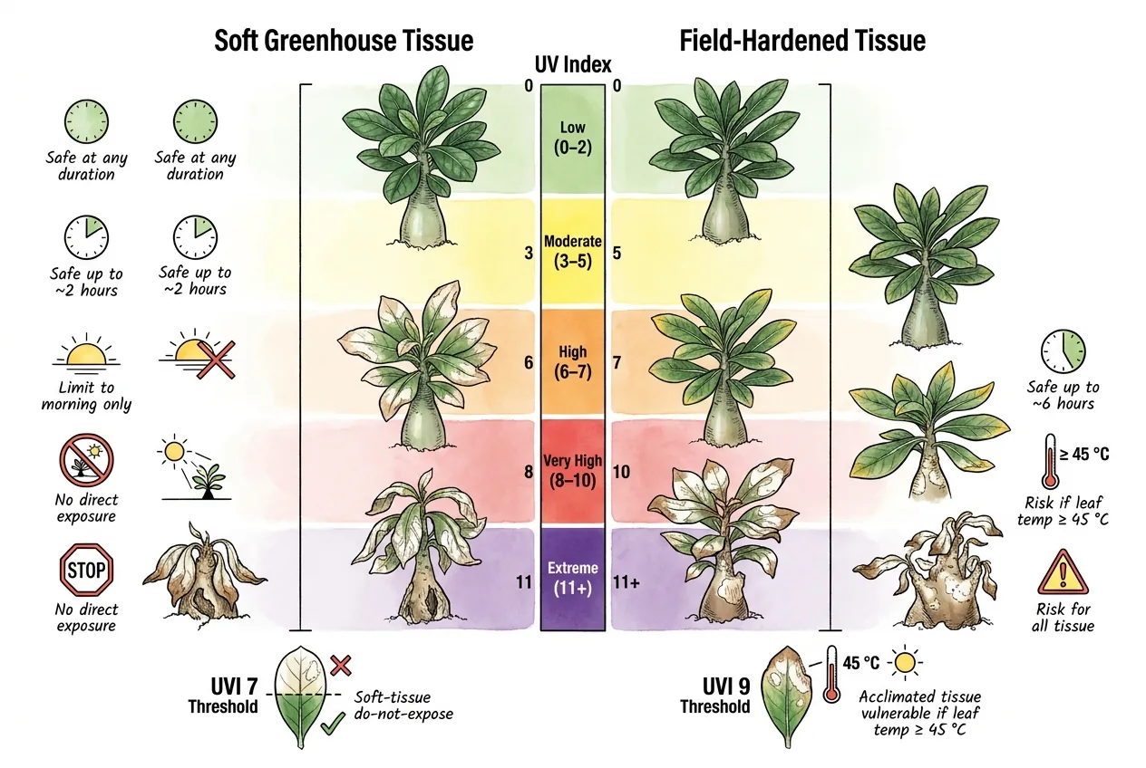 EPA UV Index 0 to 11+ scale chart with five risk categories for plants