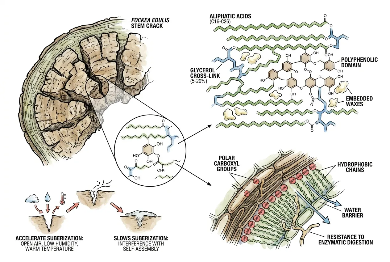 Diagram of suberin polyester structure with embedded waxes in cell wall