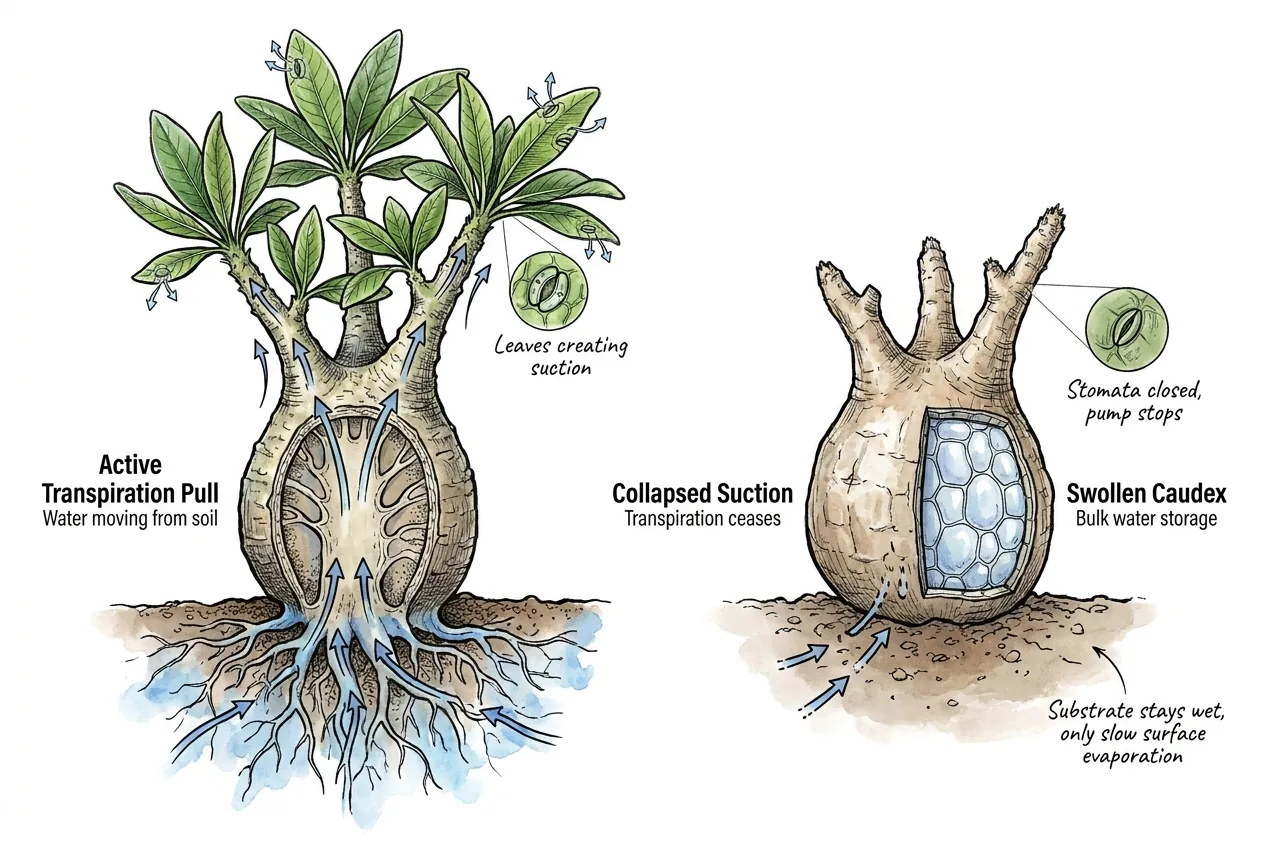 Leafy caudex with active transpiration pull versus dormant caudex with closed stomata and water-storage parenchyma, soil staying wet