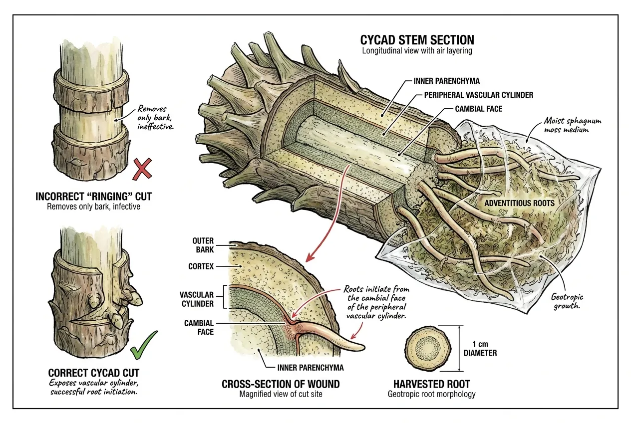 Adventitious root primordia forming at the cambial face of a Cycas stem
