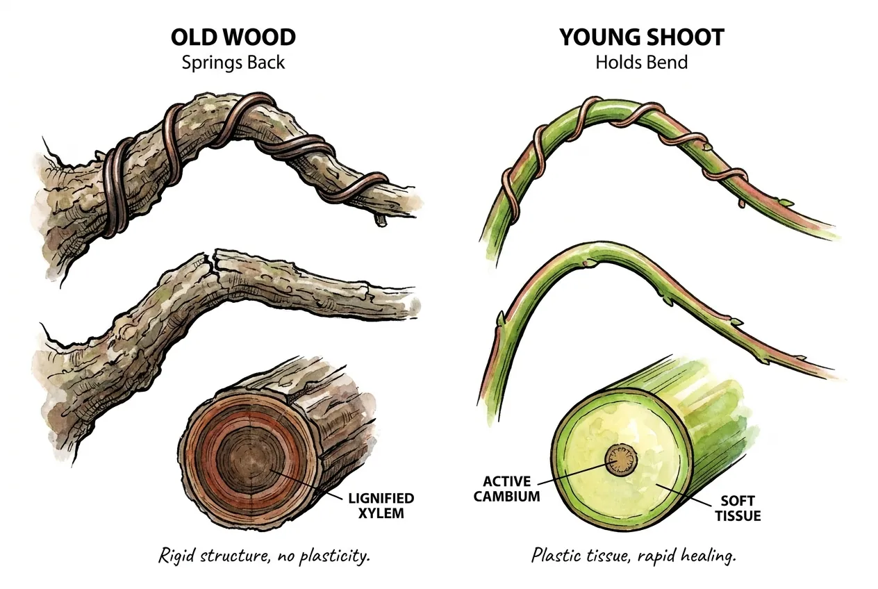 Rigid lignified old wood beside a pliable green shoot holding a curve