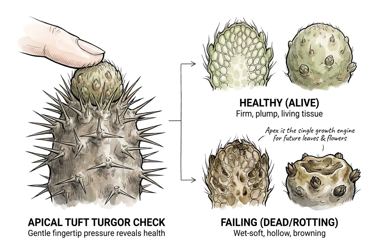Fingertip pressing a firm plump apex versus a soft collapsed one