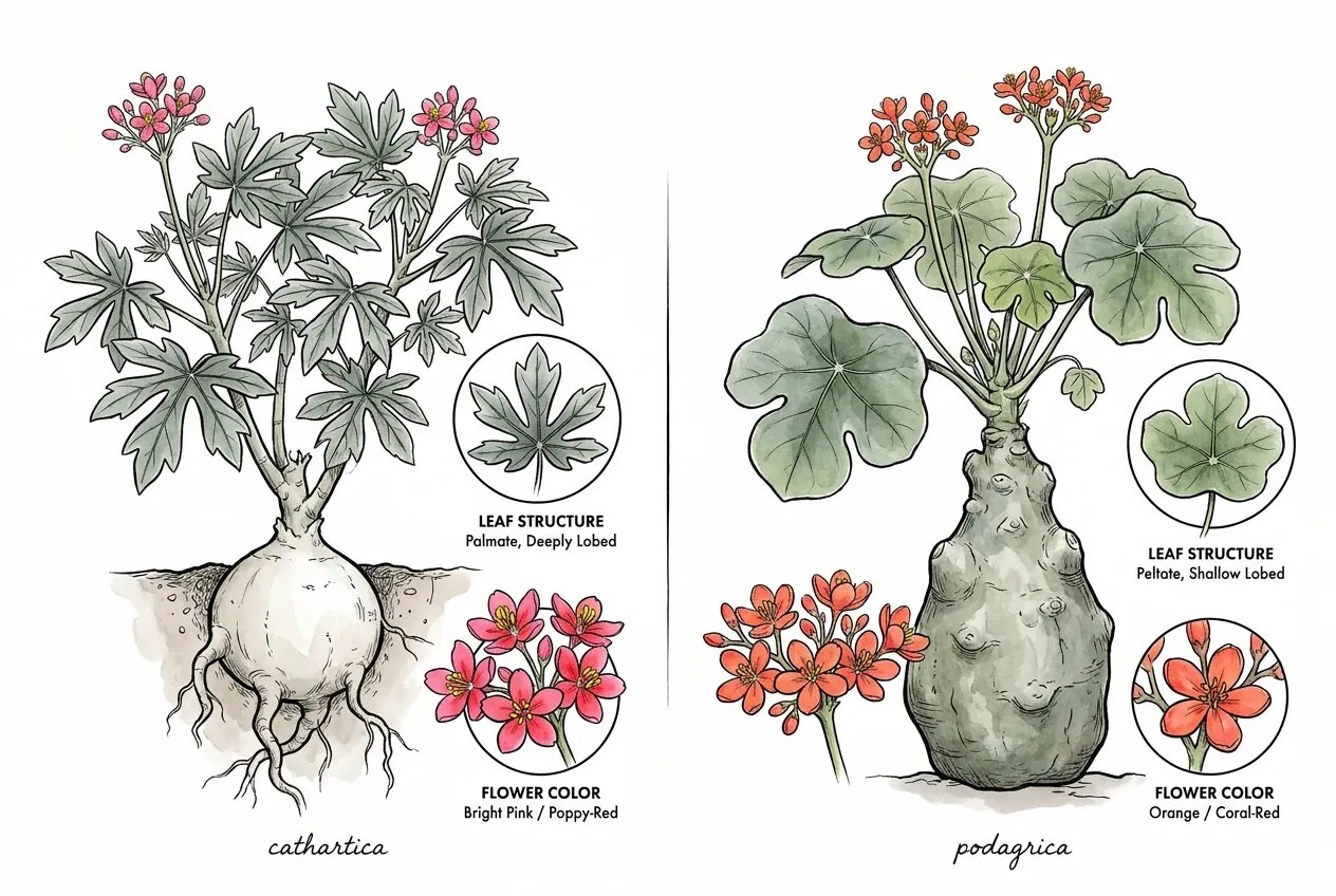 Illustrated leaf and flower comparison for Jatropha identification