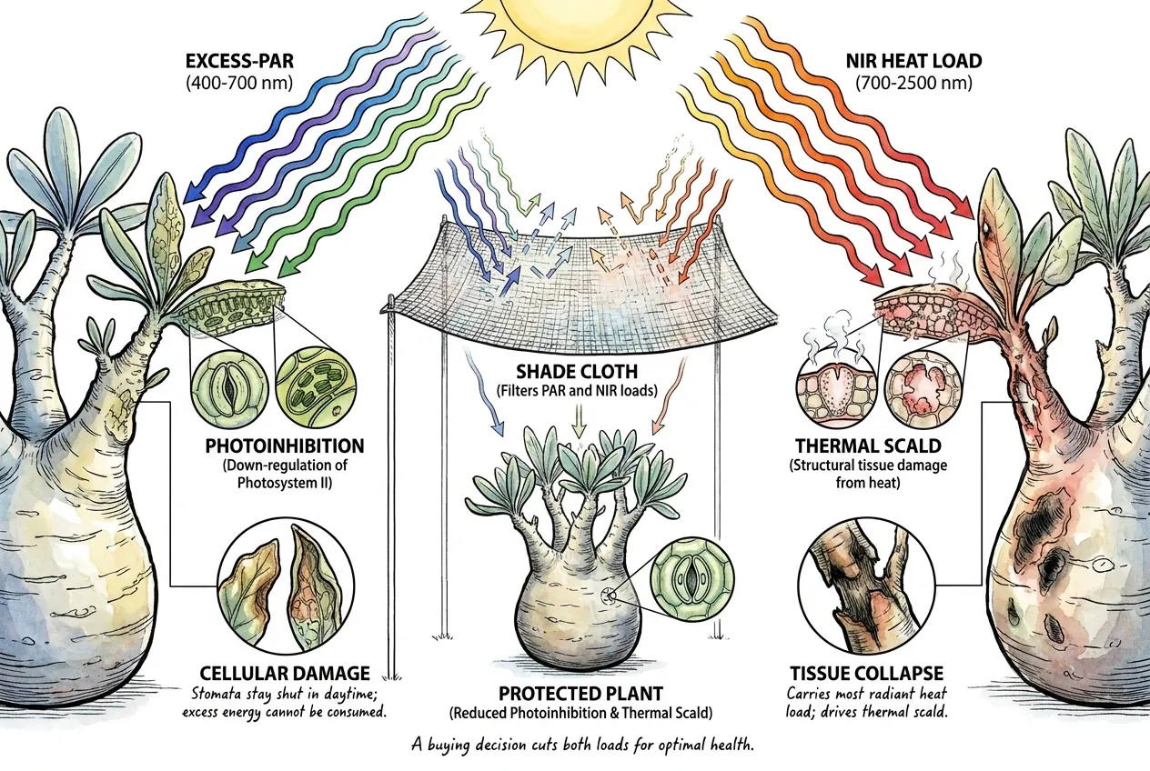 Diagram of excess-PAR photoinhibition versus NIR heat scald damaging a caudex plant, with shade cloth protecting the center