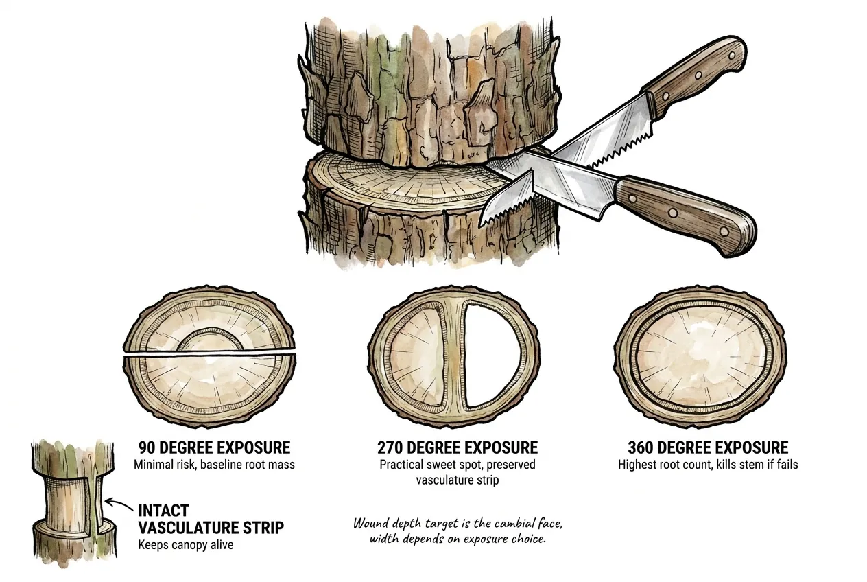 Cycas trunk with a 270-degree bark and cortex band removed exposing the cambium