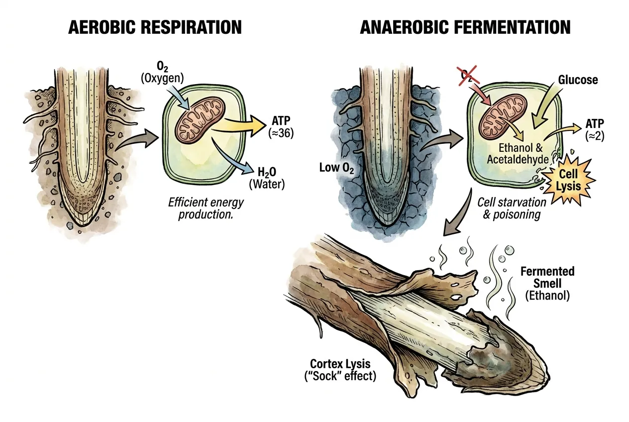 Oxygen-starved roots turning soft dark and foul-smelling as fermentation sets in