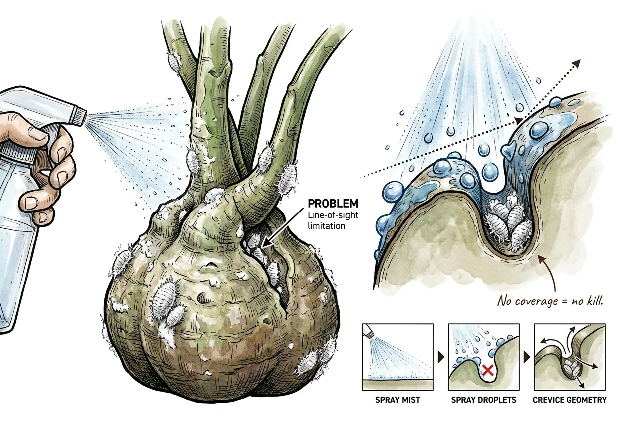 Conceptual illustration of spray coverage in a caudex fold