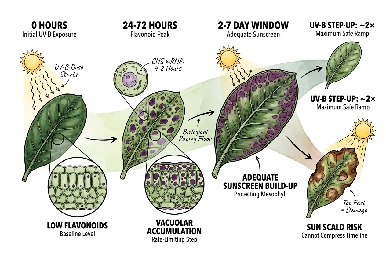 Timeline of flavonoid biosynthesis in Adenium leaf epidermal vacuoles over 72 hours