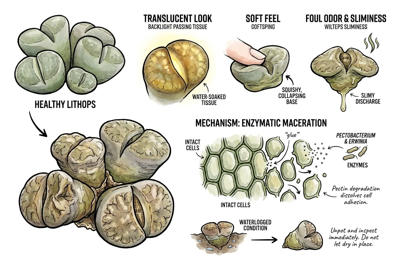Illustrated comparison of Lithops tissue warning signs