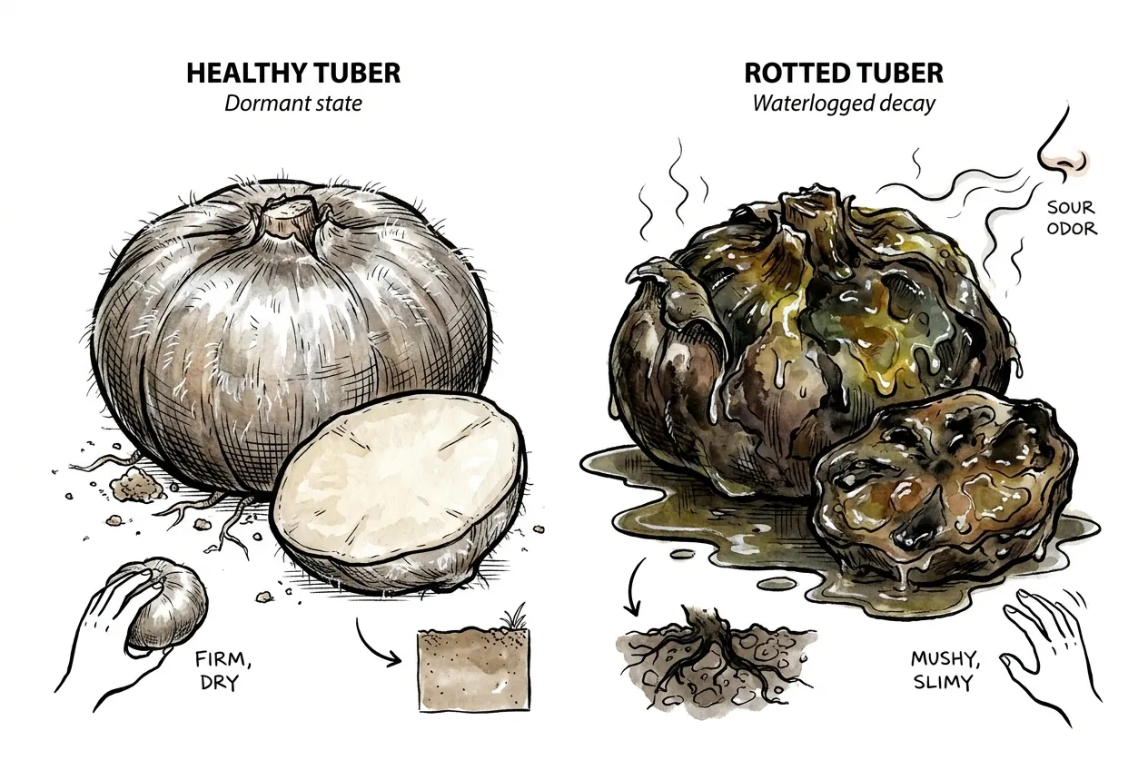 Mushy translucent-brown rotted Sinningia tuber with soft jelly-like crown