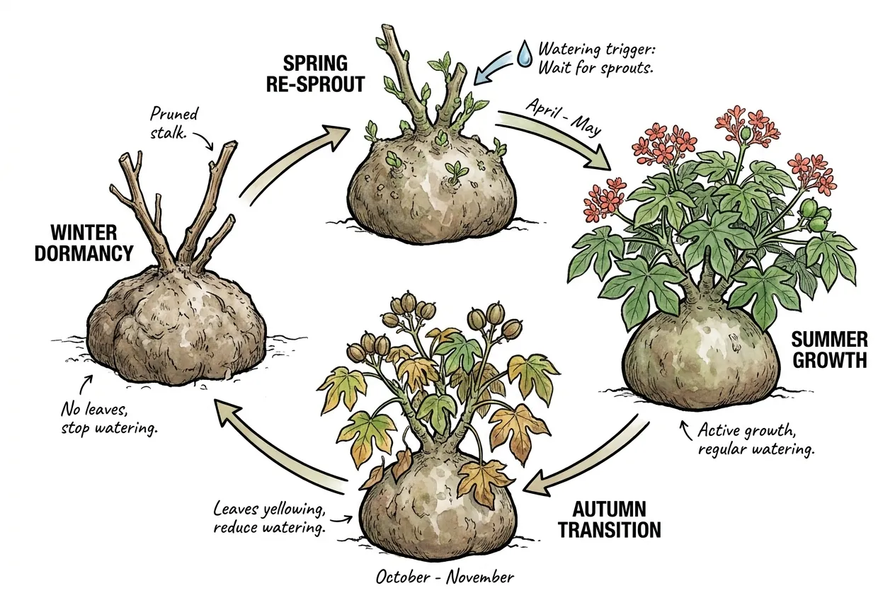 Seasonal cycle from leafy summer caudex to bare dormant caudex to spring re-sprout