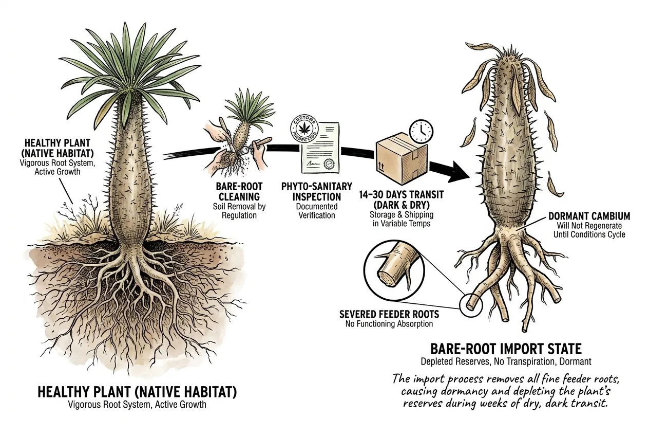 Bare-root imported Pachypodium washed clean with feeder roots lost