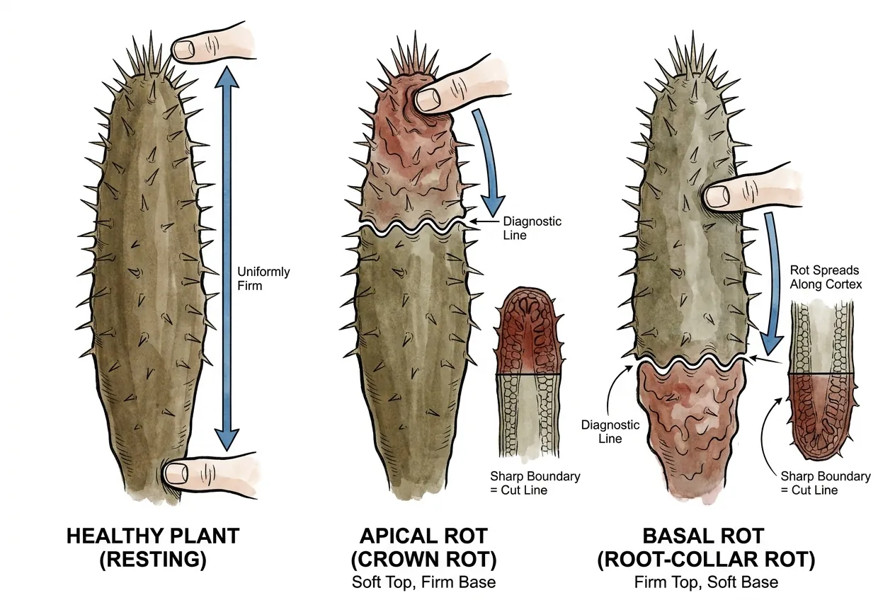 Stem with a soft rotten zone meeting firm healthy tissue at a line