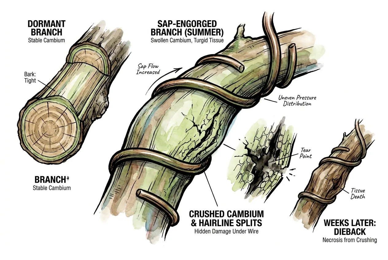 Sap-swollen branch with crushed cambium and a hidden split under wire