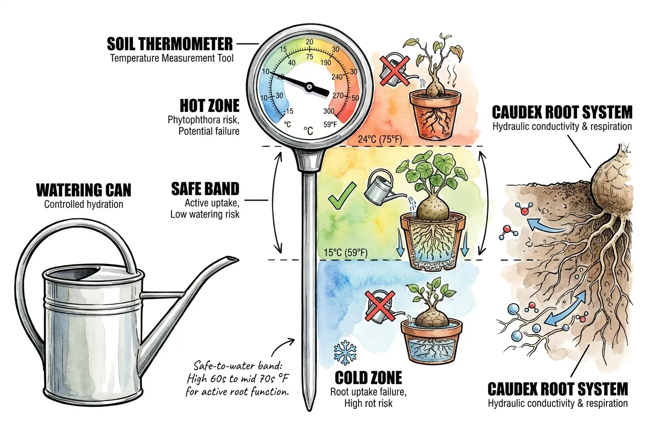 Soil thermometer dial showing cold zone, safe watering band, and hot zone beside watering can and caudex root system