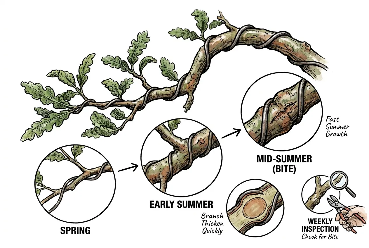 Wire biting into a thickening summer branch leaving a groove in bark