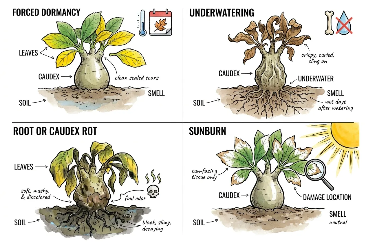 Side-by-side leaf and caudex signs for dormancy, drought, rot, and sunburn