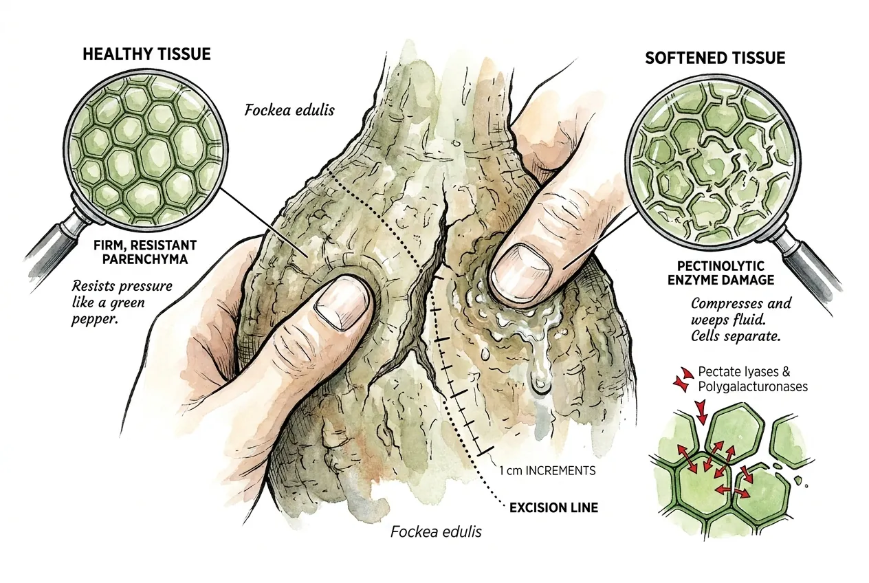 Thumbnail pressing soft caudex tissue releasing cloudy fluid