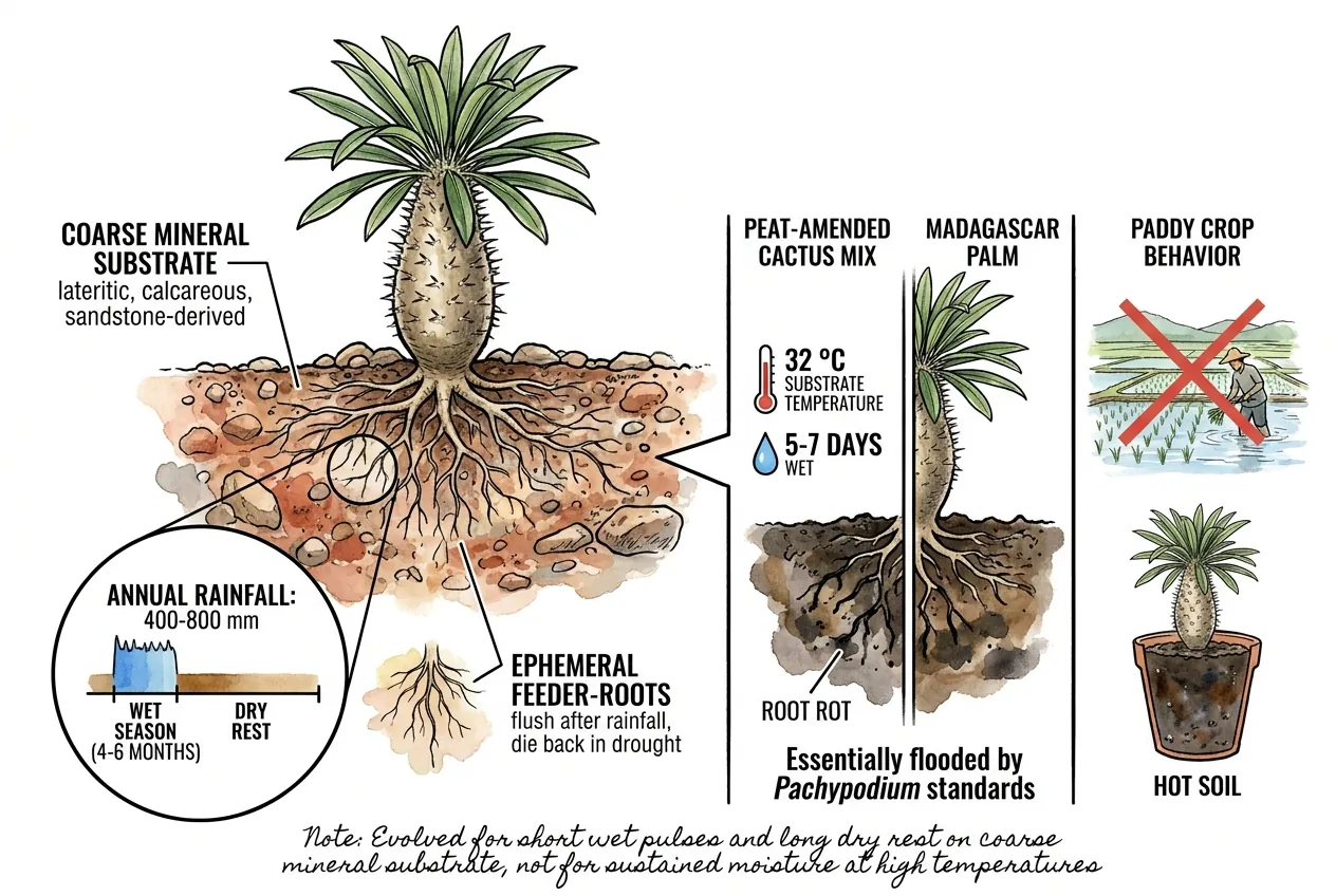 Coarse sandy free-draining Madagascar substrate with shallow spreading Pachypodium roots