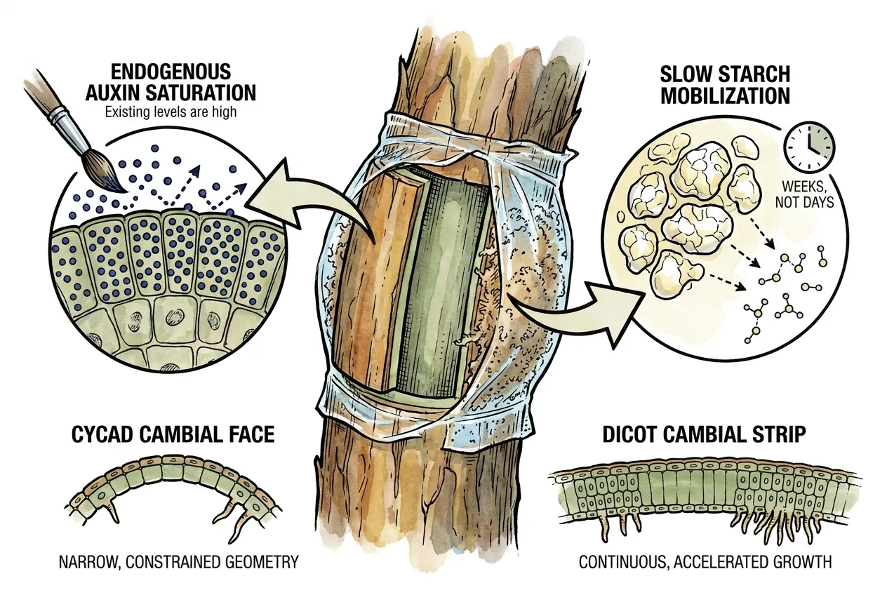 Side-by-side air layers showing no difference between IBA-treated and control cycad rooting