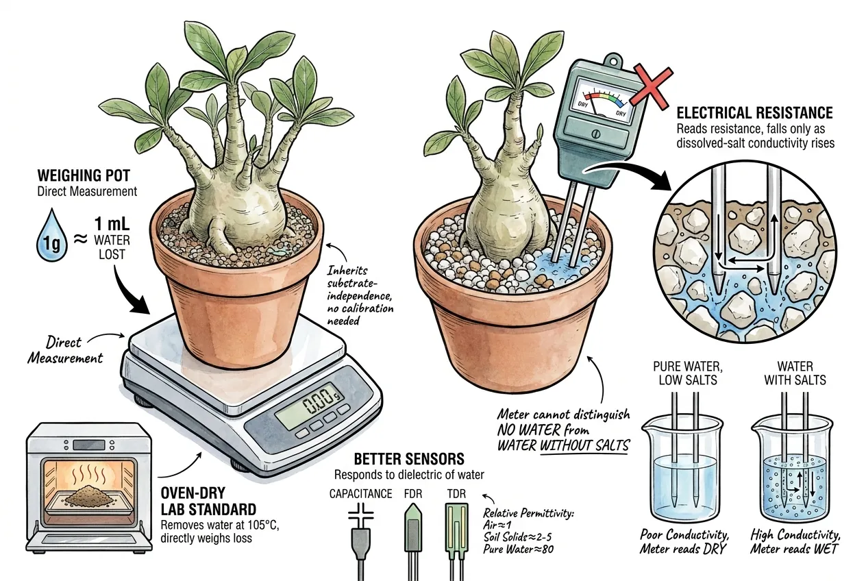 Potted caudex on precision scale measuring water mass versus two-pin meter reading false-dry in low-salt gritty mineral soil