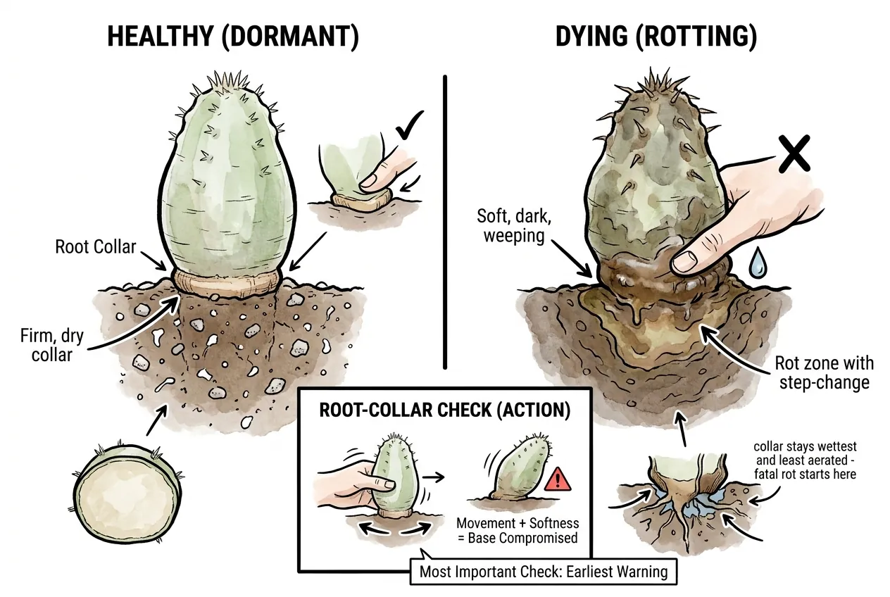 Squeezing the root collar at the soil line for softness