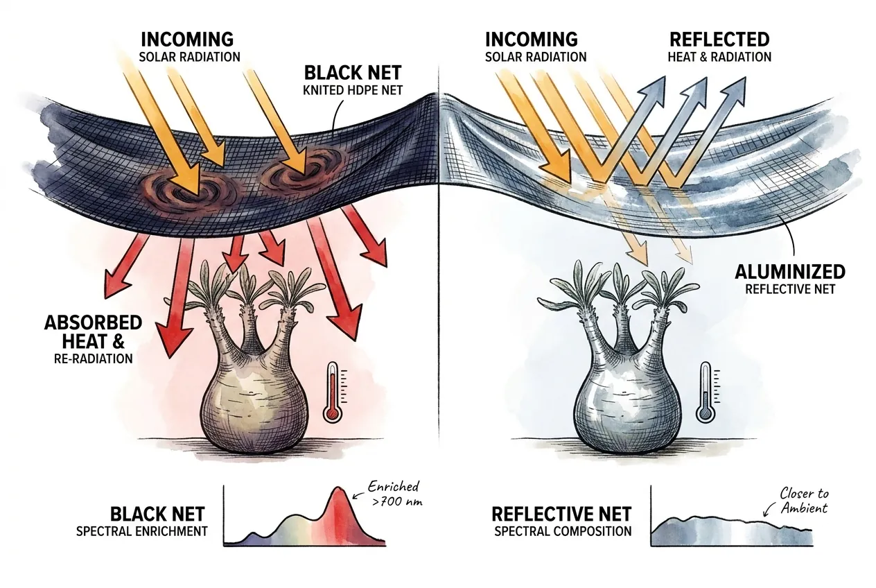 Black net absorbing and re-radiating heat onto a caudex versus aluminized reflective shade cloth bouncing solar radiation away