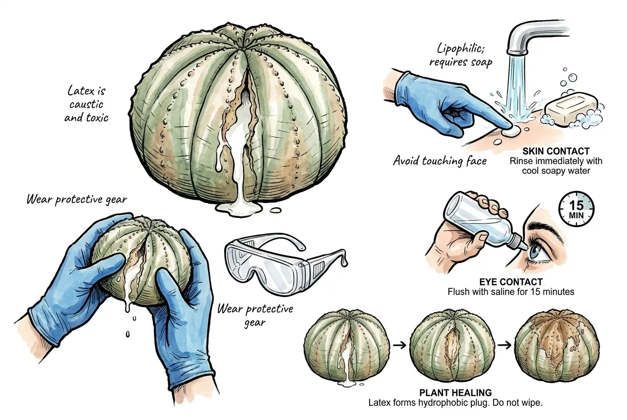 Gloved hands wiping milky latex from a split Euphorbia obesa
