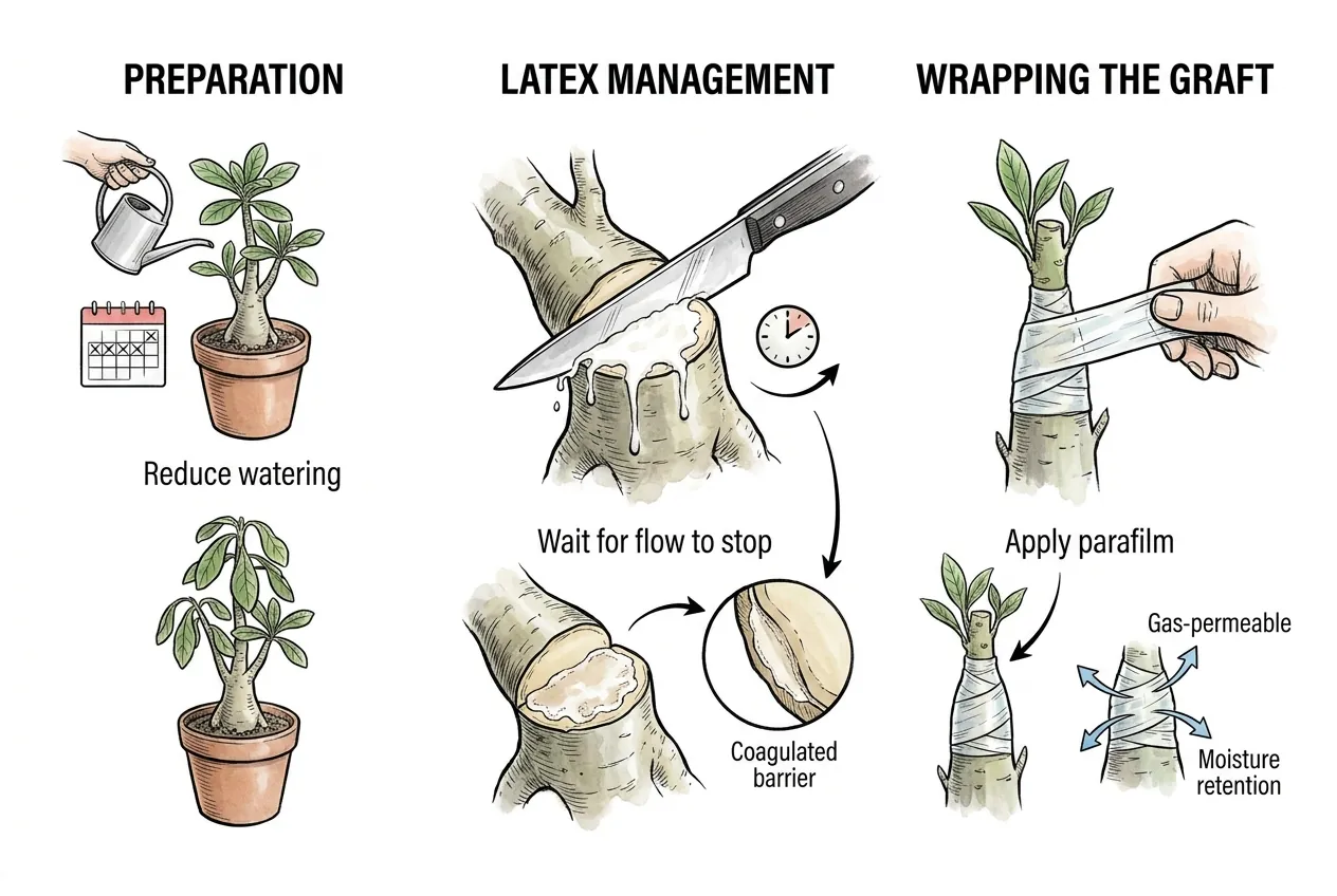 Adenium graft steps: reduce watering, let latex stop, wrap with parafilm