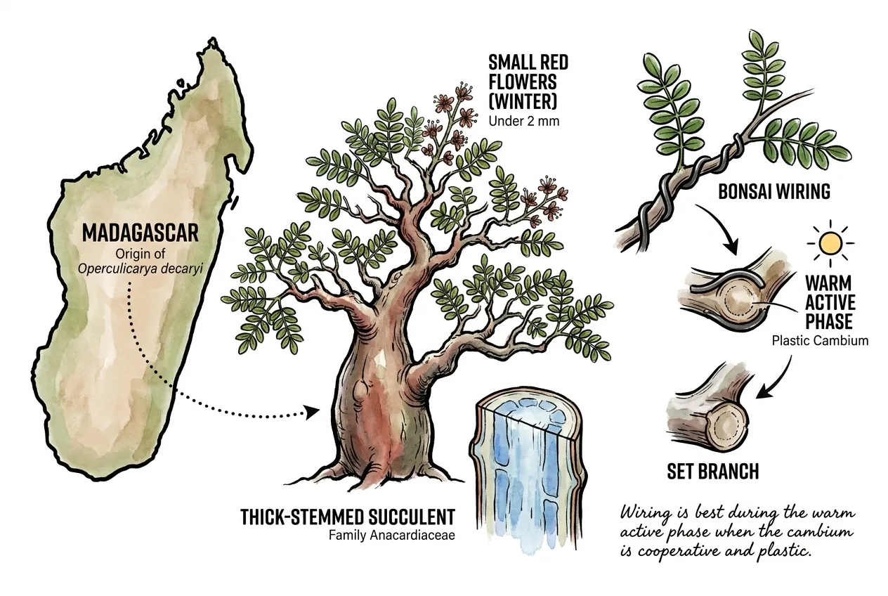 Operculicarya decaryi elephant tree with bumpy caudex and fine pinnate leaves