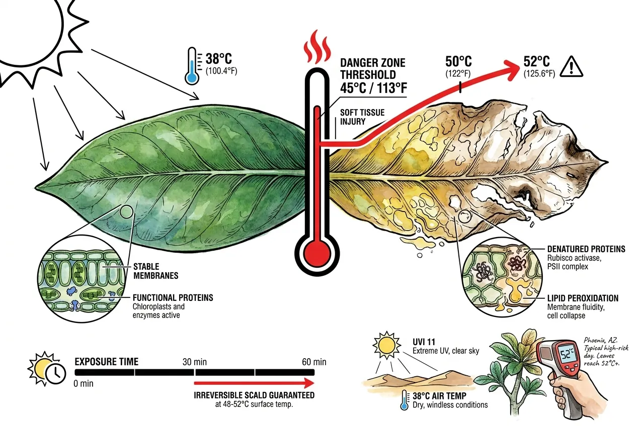 Adenium leaf with IR thermometer reading 45 degrees Celsius scald threshold