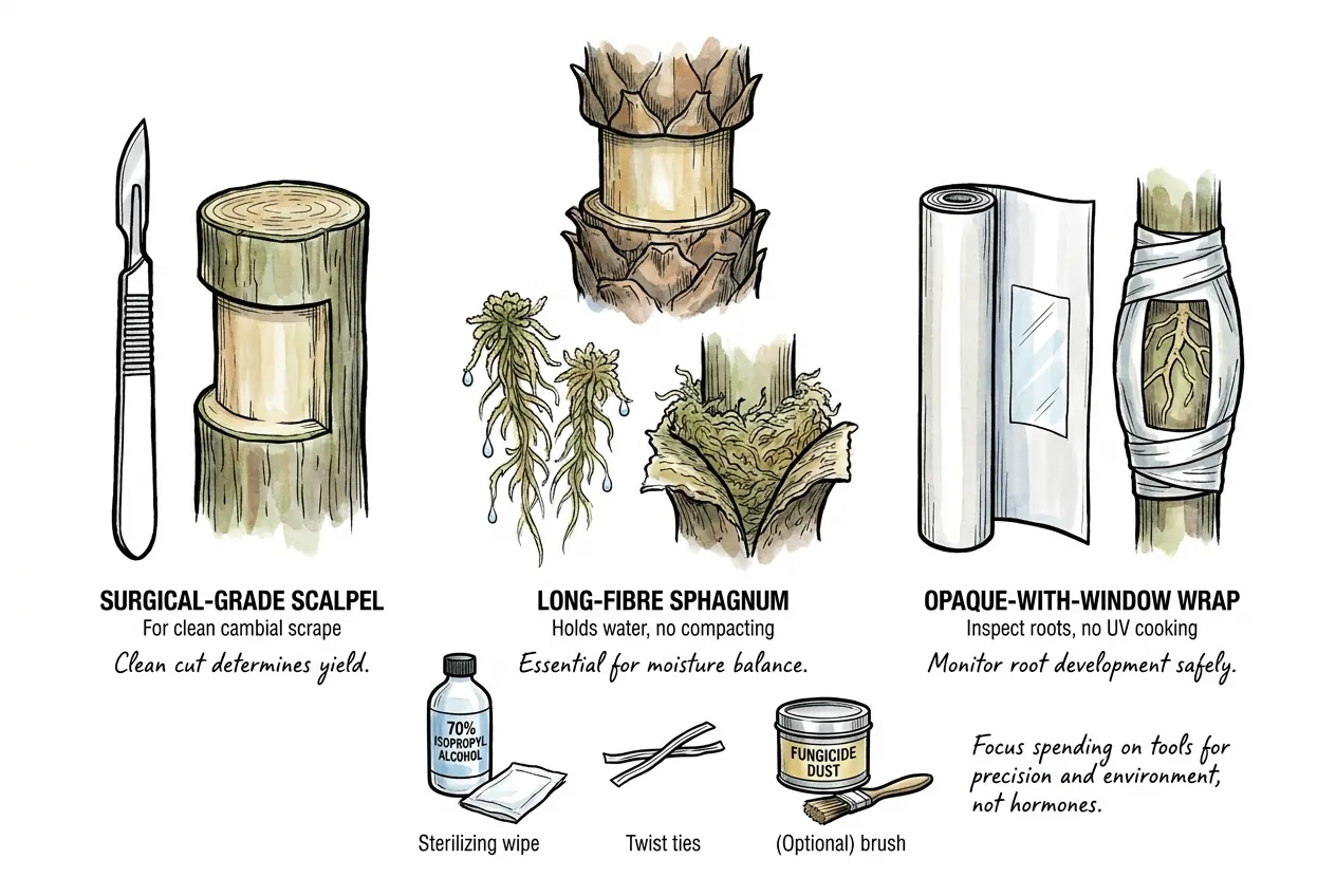 Grafting knife, long-fibre sphagnum, and clear wrap arranged for cycad air layering