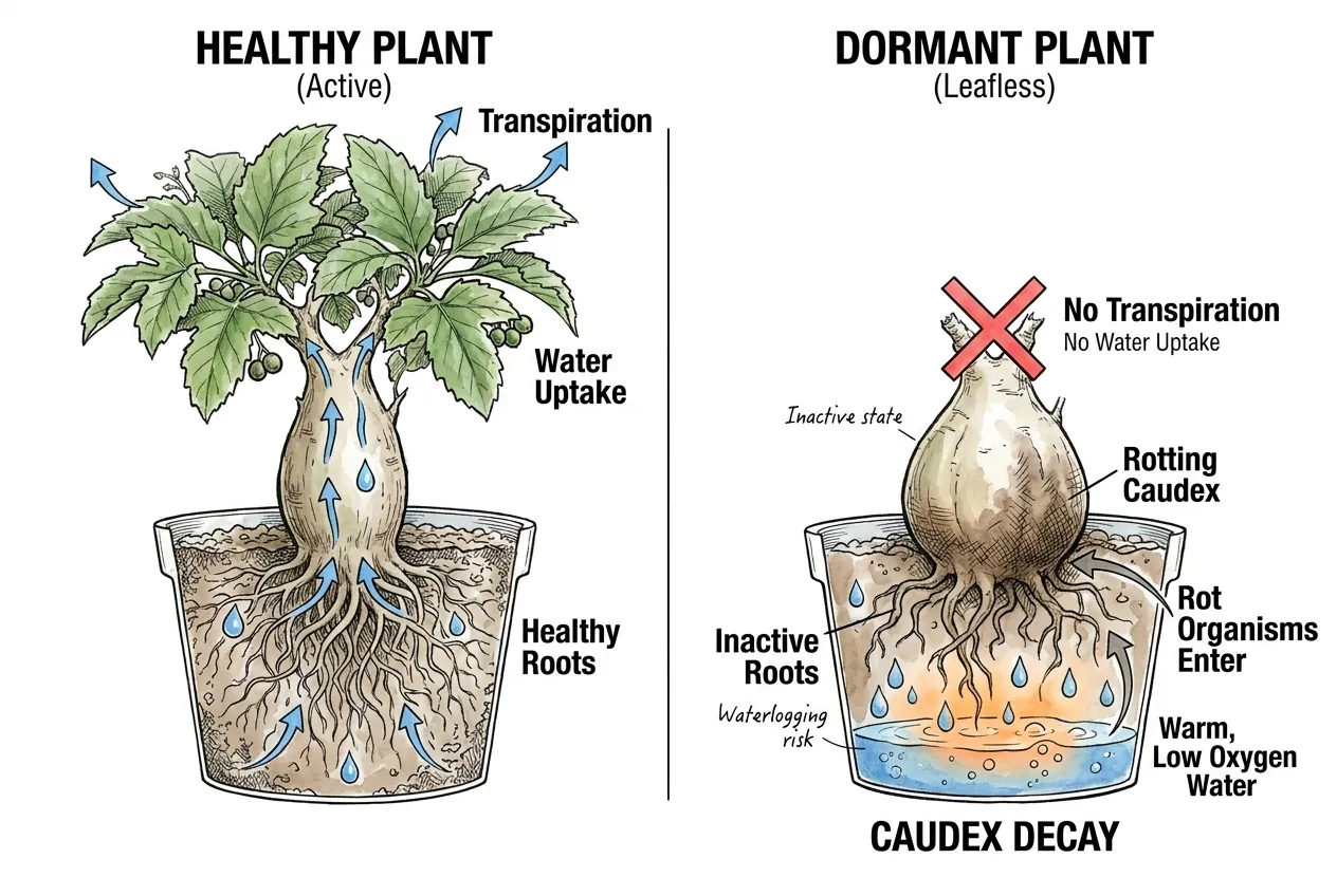 Water pooling around inactive roots of a leafless caudex