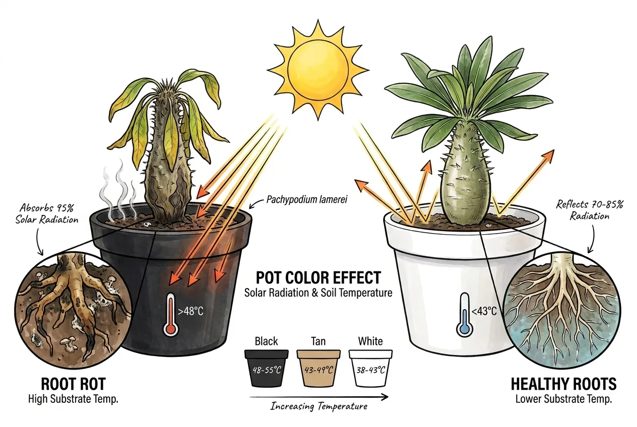 Light-coloured pot reflecting sunlight and staying cooler than a black one