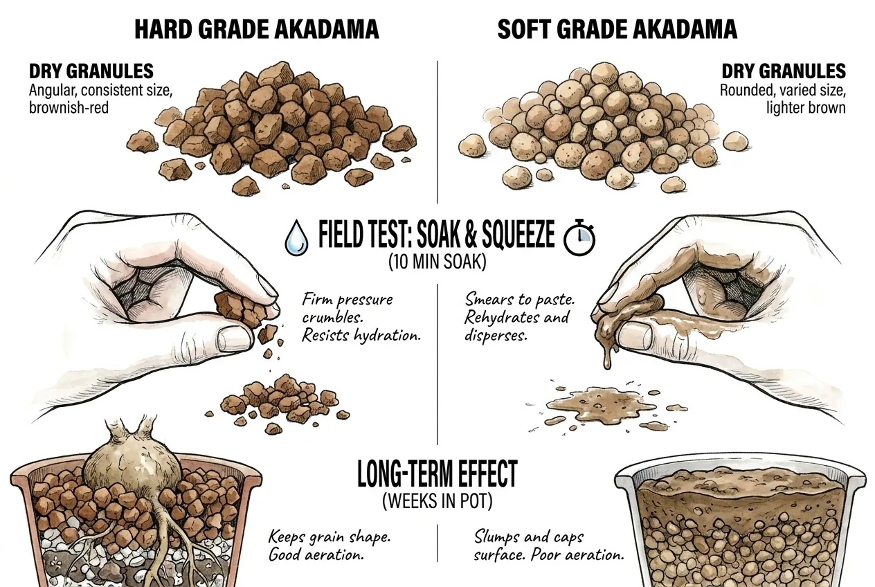Compare intact and softened akadama granules before choosing a grade
