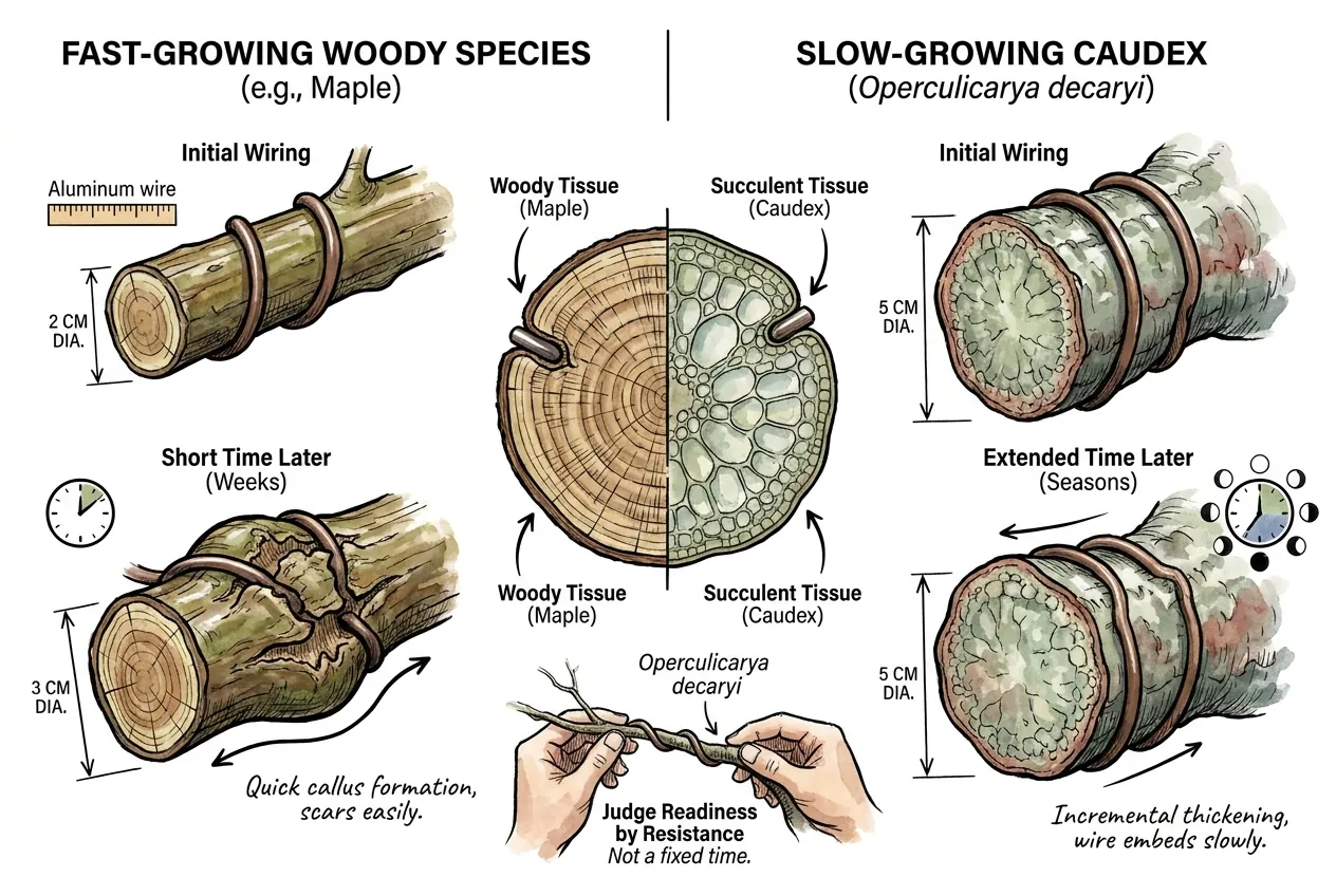 Water-storing caudex trunk with swollen base and slow incremental growth rings